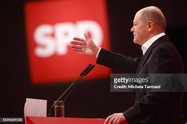 German Chancellor, Olaf Scholz speaks at the SPD federal congress on December 8, 2023 in Berlin, Germany. The party is meeting to elect its...