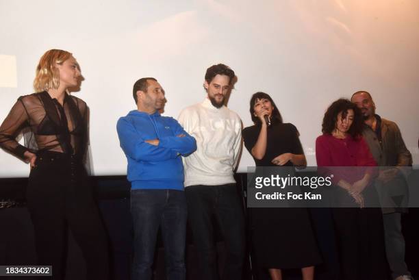 Actors Nora Arnezeder, Zinedine Soualem, Kevin Mischel. Carima Amarouche, Naidra Ayadi and Sami Zitouni attend the "L'Enfant Du Paradis" Premiere at...