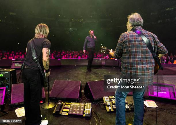 Keith Urban, Ronnie Dunn of Brooks & Dunn and Vince Gill perform onstage for All for the Hall a concert benefiting the Country Music Hall of Fame and...