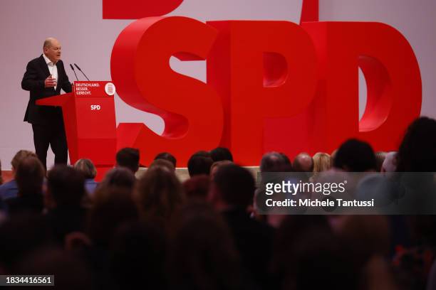 German Chancellor, Olaf Scholz speaks at the SPD federal congress on December 8, 2023 in Berlin, Germany. The party is meeting to elect its...