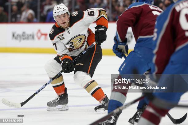 Tristan Luneau of the Anaheim Ducks passes the puck against the Colorado Avalanche in the first period at Ball Arena on December 05, 2023 in Denver,...