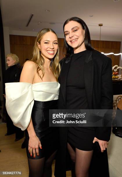 Claudia Sulewski and Carrie Barber attend Claudia Sulewski's launch of sustainable bodycare brand CYKLAR at Solawave House on December 05, 2023 in...