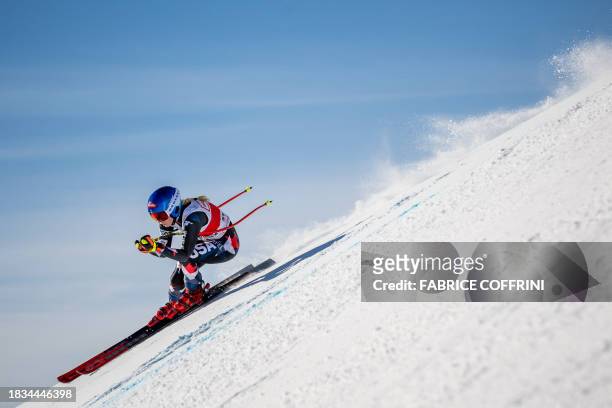 Skier Mikaela Shiffrin competes during the Women's Downhill race at the FIS Alpine Skiing World Cup event in St. Moritz, Switzerland, on December 9,...
