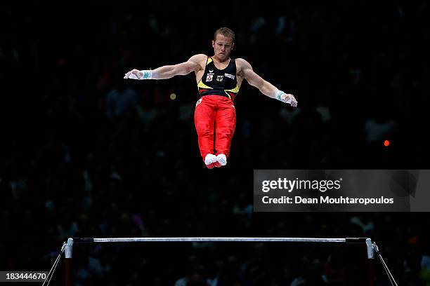 Fabian Hambuchen of Germany competes during the Horizontal Bar Final on Day Seven of the Artistic Gymnastics World Championships Belgium 2013 held at...