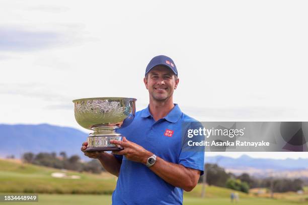 Adam Scott of Australia holds the trophy after winning the 2023 Cathedral Invitational at Cathedral Lodge & Golf Club on December 06, 2023 in...