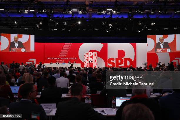 German Chancellor, Olaf Scholz speaks at the SPD federal congress on December 9, 2023 in Berlin, Germany. The party is meeting to elect its...