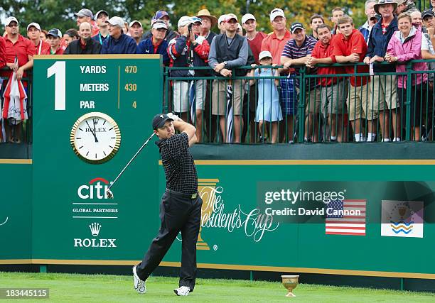 Richard Sterne of South Africa and the International Team hits his tee shot on the first hole during the Day Four Singles Matches at the Muirfield...