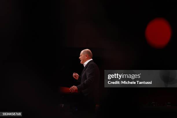 German Chancellor, Olaf Scholz speaks at the SPD federal congress on December 9, 2023 in Berlin, Germany. The party is meeting to elect its...