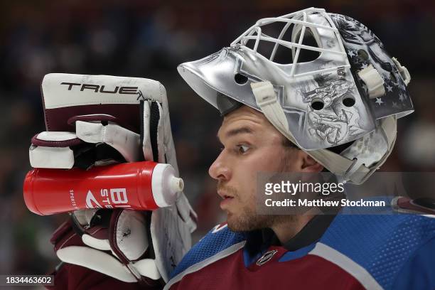 Alexandar Georgiev of Colorado Avalanche tends goal against the Anaheim Ducks in the third period at Ball Arena on December 05, 2023 in Denver,...