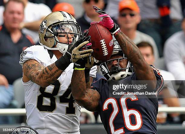 Tim Jennings of the Chicago Bears breaks up a pass intended for Kenny Stills of the New Orleans Saints at Soldier Field on October 6, 2013 in...