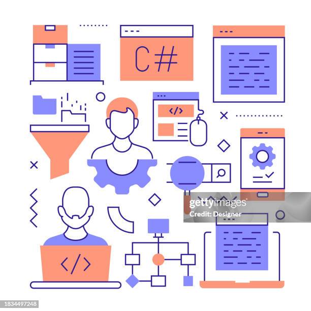 programming related line style banner design for web page, headline, brochure, annual report and book cover - coding vector stock illustrations