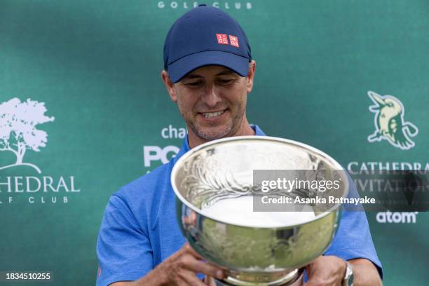 Adam Scott of Australia with his trophy after winning the 2023 Cathedral Invitational at Cathedral Lodge & Golf Club on December 06, 2023 in...