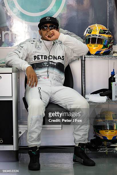 Lewis Hamilton of Mercedes and Great Britain during the Korean Formula One Grand Prix at Korea International Circuit on October 6, 2013 in...