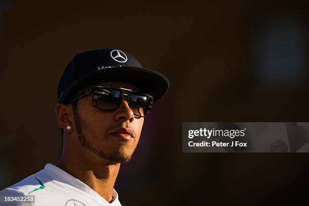 Lewis Hamilton of Mercedes and Great Britain during the Korean Formula One Grand Prix at Korea International Circuit on October 6, 2013 in...