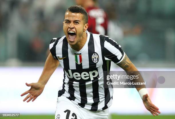 Sebastian Giovinco of Juventus FC celebrates after scoring their second goal during the Serie A match between Juventus and AC Milan at Juventus Arena...