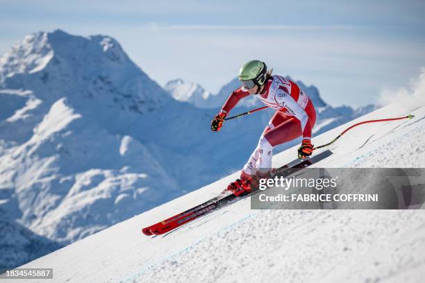 Austria's Mirjam Puchner competes during the Women's Downhill race at the FIS Alpine Skiing World Cup event in St. Moritz, Switzerland, on December...