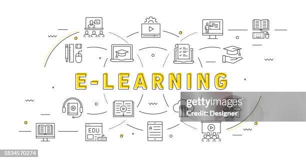 e-learning related line style banner design for web page, headline, brochure, annual report and book cover - learning computer programming stock illustrations