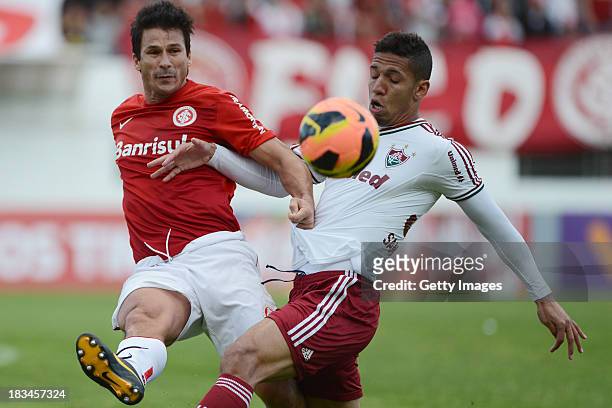 Samuel of Fluminense fights for the ball with Indio of Internacional during the match betwenn Internacional and Fluminense for the Brazilian Series A...