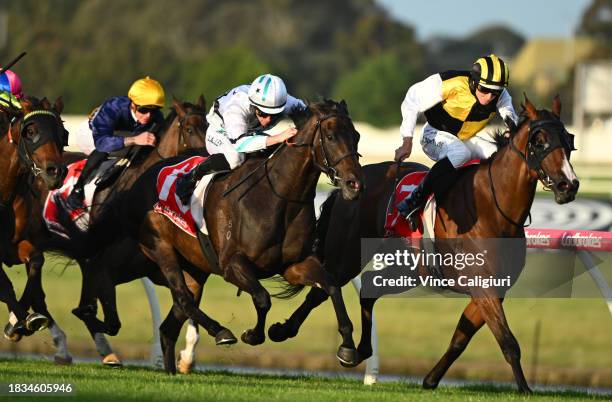 John Allen riding Material Dreams winning Race 8, the Ladbroke It Handicap, during Melbourne Racing at Sandown Lakeside on December 06, 2023 in...