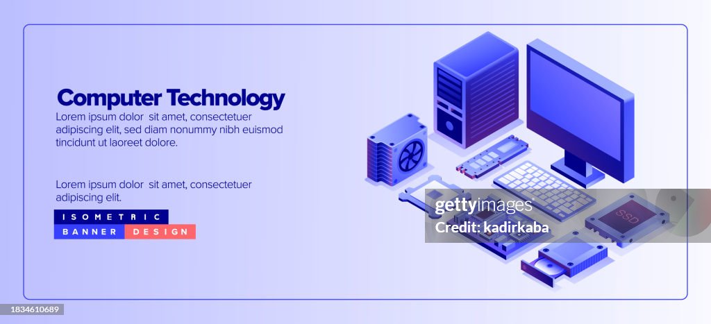 Conception de bannière d’ensemble d’icônes de technologie informatique, dessin tridimensionnel et isométrique. Ordinateur, micropuce, processeur, disque dur externe, carte mémoire, carte mère, disque dur, clavier d’ordinateur, RAM.
