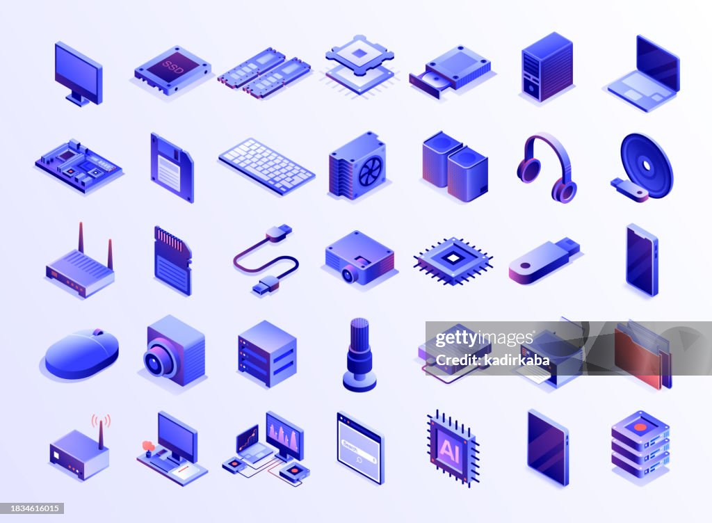 Diseño de banner del conjunto de iconos de la tecnología informática, dibujo tridimensional e isométrico. Computadora, microchip, cpu, unidad de disco duro externa, tarjeta de memoria, placa base, disco duro, teclado de computadora, RAM.