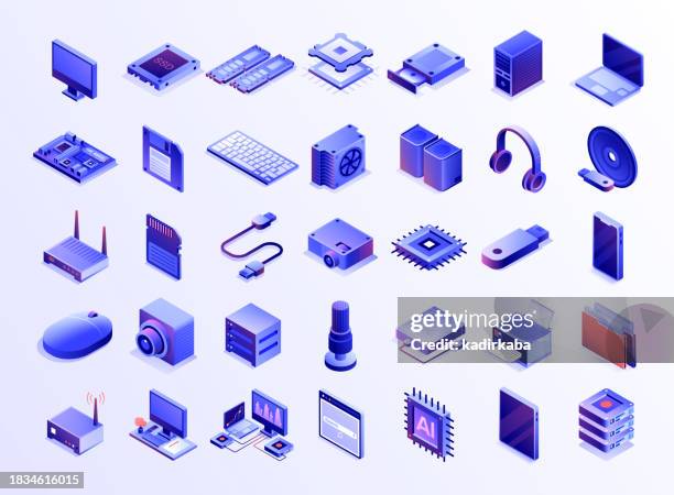computer technology icon set banner design, three dimensional and isometric drawing. computer, microchip, cpu, external hard disk drive, memory card, mother board, hard drive, computer keyboard, ram. - computer speaker icons stock illustrations