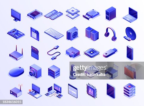 Computer technology icon set banner design, three dimensional and isometric drawing. Computer, microchip, cpu, external hard disk drive, memory card, mother board, hard drive, computer keyboard, ram. Computer technology icon set banner design, three dimensional and isometric drawing. Computer, microchip, cpu, external hard disk drive, memory card, mother board, hard drive, computer keyboard, ram.