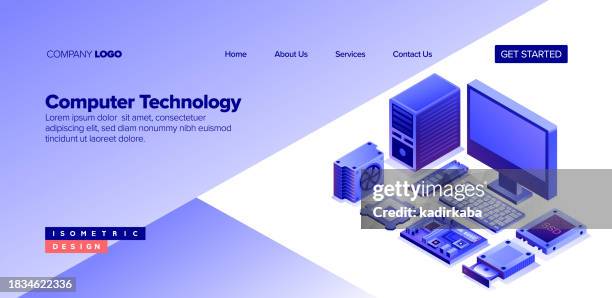 computer technology icon set banner design, three dimensional and isometric drawing. computer, microchip, cpu, external hard disk drive, memory card, mother board, hard drive, computer keyboard, ram. - computer speaker stock illustrations