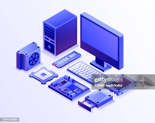 computer technology icon set design, three dimensional and isometric drawing. computer, microchip, cpu, external hard disk drive, memory card, mother board, hard drive, computer keyboard, ram. - external hard disk drive stock illustrations