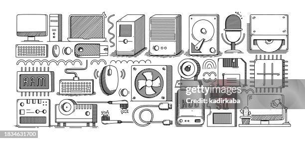 computer technology, hand drawn sketch, vector doodle line icon set. computer, microchip, mother board, cpu, hard drive, external hard disk drive, computer equipment, technology, random access memory. - external hard disk drive stock illustrations