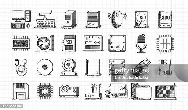 computer technology, hand drawn sketch, vector doodle line icon set. computer, microchip, mother board, cpu, hard drive, external hard disk drive, computer equipment, technology, random access memory. - computer line drawing stock illustrations