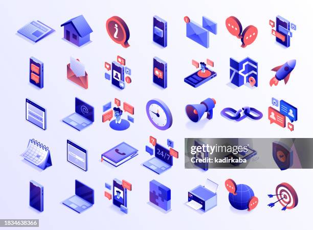 ilustraciones, imágenes clip art, dibujos animados e iconos de stock de contáctanos diseño de banner de conjunto de iconos, dibujo tridimensional e isométrico. correo electrónico, cliente, soporte, mensaje, personas, hablar, asistencia, asesoramiento, centro de llamadas. - office 3d icons