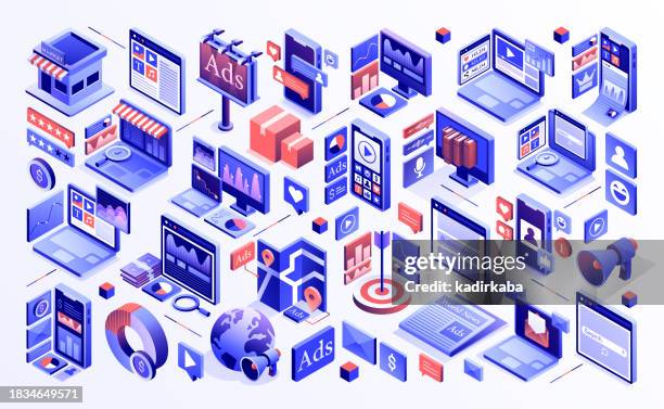 content marketing icon set banner design, three dimensional and isometric drawing. marketing, advertising, customer, feedback, social media, sales. - mobile ad stock illustrations