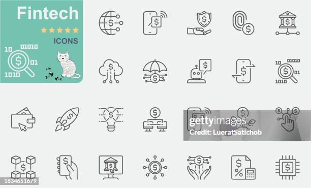 ilustraciones, imágenes clip art, dibujos animados e iconos de stock de conjunto de iconos fintech. colección de iconos de línea - tecnología de finanzas