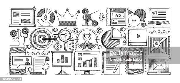 content marketing, hand drawn sketch, vector doodle line icon set. advertising, sales target, market, customer, social media. - digital marketing stock illustrations
