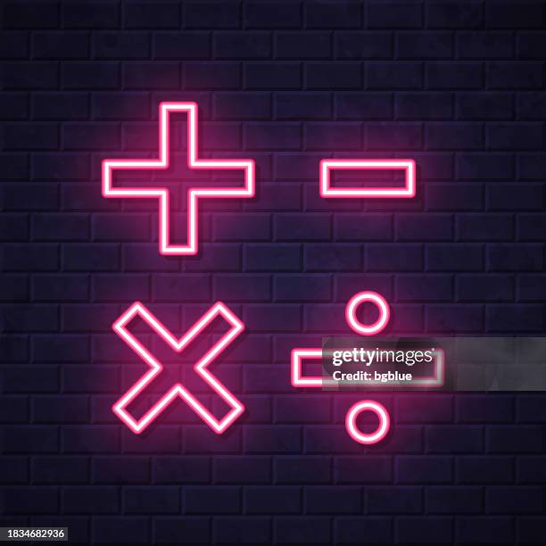 mathematical symbols. glowing neon icon on brick wall background - adding bricks stock illustrations