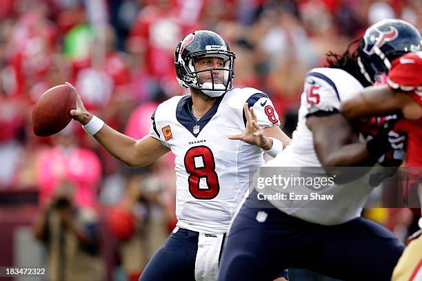 Matt Schaub of the Houston Texans throws the ball against the San Francisco 49ers during their game at Candlestick Park on October 6, 2013 in San...