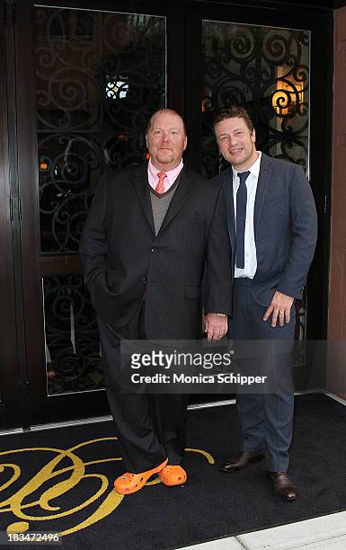 Chef and TV personality Mario Batali and chef and TV personality Jamie Oliver attend 2nd Annual Mario Batali Foundation Honors Dinner at Del Posto...