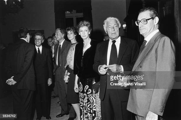 Italian senator Furio Colombo, Umberto Agnelli and wife Allegra Caracciolo, Marella Agnelli, Gianni Agnelli and Cesar Romiti attend a party for the...