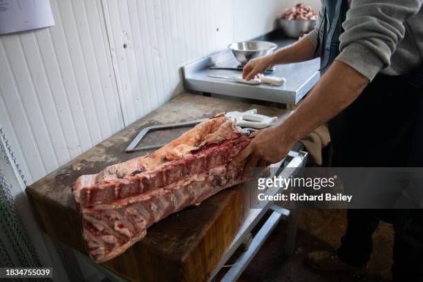 butcher cutting organic raw beef - organic farm stock pictures, royalty-free photos & images