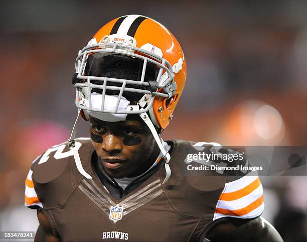 Receiver Josh Gordon of the Cleveland Browns walks around on the field before a game against the Buffalo BIlls at FirstEnergy Stadium in Cleveland,...