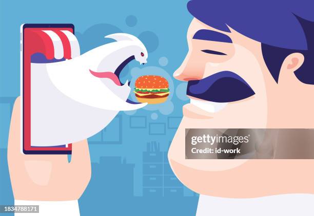 illustrazioni stock, clip art, cartoni animati e icone di tendenza di uomo allegro che incontra il fantasma che tiene l'hamburger sullo smartphone - funny burger vector