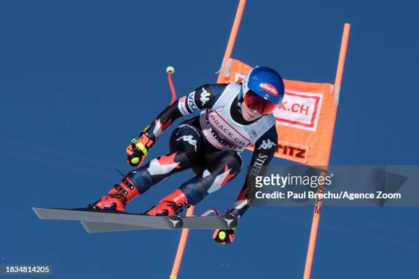Mikaela Shiffrin of Team United States in action during the Audi FIS Alpine Ski World Cup Women's Downhill on December 9, 2023 in St Moritz,...