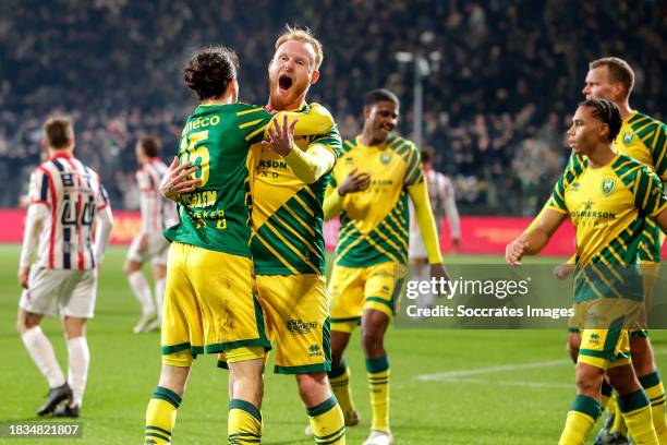 Amir Absalem of ADO Den Haag, Jort van der Sande of ADO Den Haag celebrate 1-0 during the Dutch Keuken Kampioen Divisie match between ADO Den Haag v...