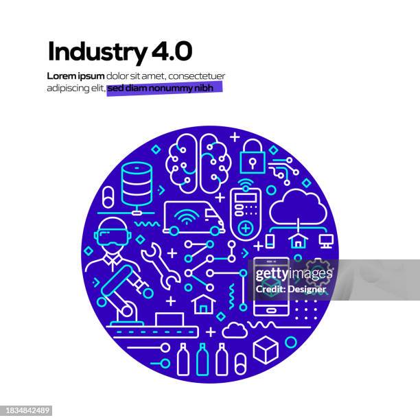 industry 4.0 related line style banner design for web page, headline, brochure, annual report and book cover - technology revolution stock illustrations