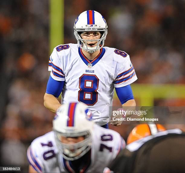 Quarterback Jeff Tuel of the Buffalo BIlls examines the defense during a game against the Cleveland Browns at FirstEnergy Stadium in Cleveland, Ohio....