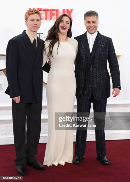 Luther Ford, Meg Bellamy and Ed McVey attend "The Crown" Finale Celebration at The Royal Festival Hall on December 05, 2023 in London, England.