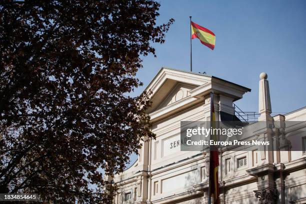 The Spanish flag on the façade of the Senate after the ceremony of the Solemn Raising of the Spanish flag, in the Plaza de La Marina Española, in...