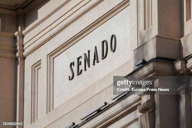 The façade of the Senate after the ceremony of the Solemn Raising of the Spanish flag, in the Plaza de La Marina Española, on December 6 in Madrid,...