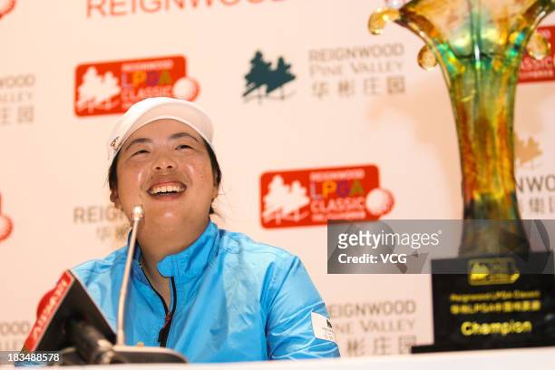 Feng Shanshan of China attends a press conference during the closing ceremony of the Reignwood LPGA Classic at Pine Valley Golf Club on October 6,...